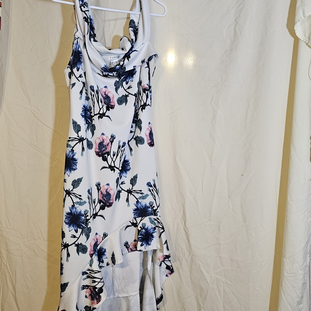 VENUS White Dress with Blue Floral Design
